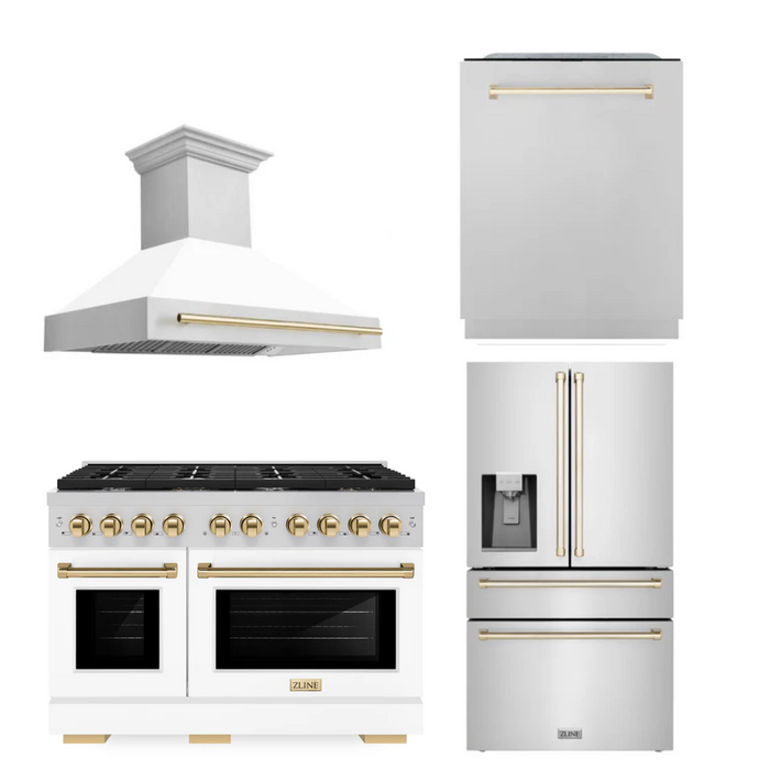 ZLINE Autograph Package - 48" Gas Range, Range Hood, Refrigerator, Dishwasher in Stainless Steel with Gold Accents