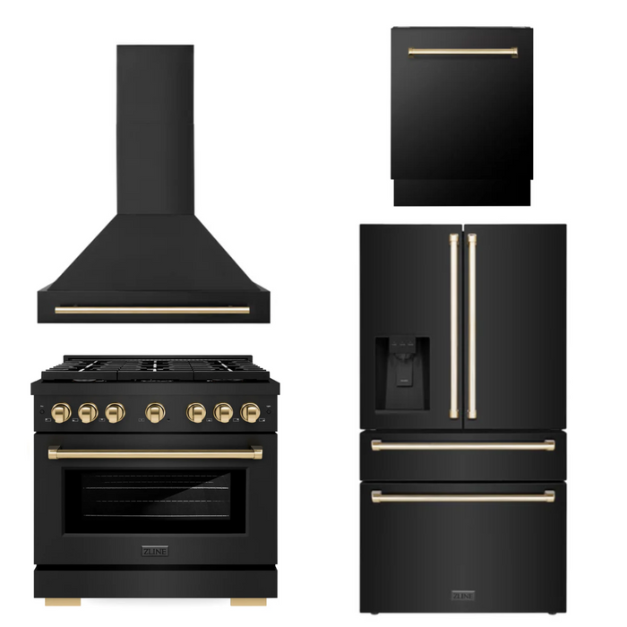 ZLINE Autograph Package - 36" Gas Range, Range Hood, Refrigerator with Water and Ice Dispenser, and Dishwasher in Black Stainless with Gold Accents