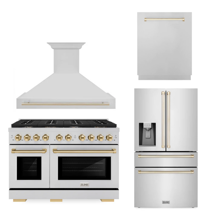 ZLINE Autograph Package - 48 In. Gas Range, Range Hood, Refrigerator, and Dishwasher in Stainless Steel with Gold Accents, 4KAPR-RGRHDWM48-G