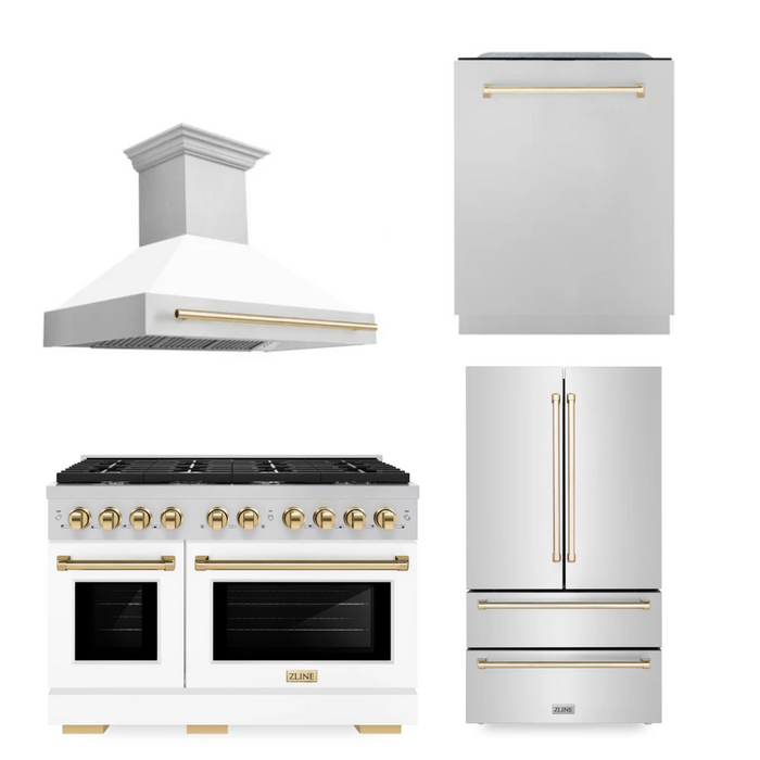 ZLINE Autograph Package - 48 In. Gas Range, Range Hood, Refrigerator, Dishwasher with Gold Accents, 4KAPR-RGWMRHDWM48-G