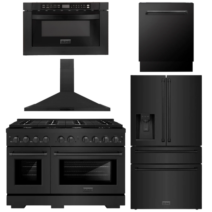 ZLINE 5-Piece Appliance Package - 48 In. Gas Range, Range Hood, Refrigerator, Microwave and Dishwasher in Black Stainless Steel, 5KPR-SGRBRH48-MWDWV