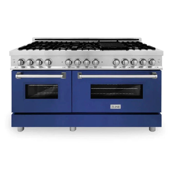 ZLINE 60 In. Professional Dual Fuel Range in DuraSnow® Stainless Steel with Blue Gloss Door, RAS-BG-60