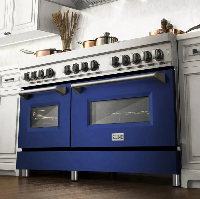 ZLINE 60 In. Professional Dual Fuel Range in DuraSnow® Stainless Steel with Blue Gloss Door, RAS-BG-60