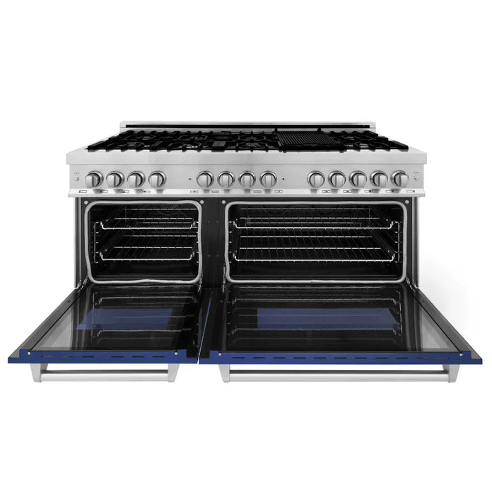 ZLINE 60 In. Professional Dual Fuel Range in DuraSnow® Stainless Steel with Blue Gloss Door, RAS-BG-60