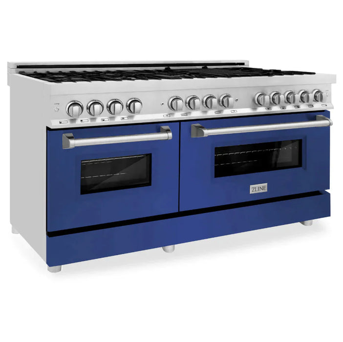 ZLINE 60 In. Professional Dual Fuel Range in DuraSnow® Stainless Steel with Blue Gloss Door, RAS-BG-60