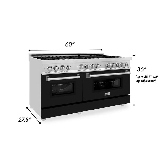 ZLINE 60 In. Professional Dual Fuel Range in DuraSnow®Stainless Steel with Black Matte Door, RAS-BLM-60