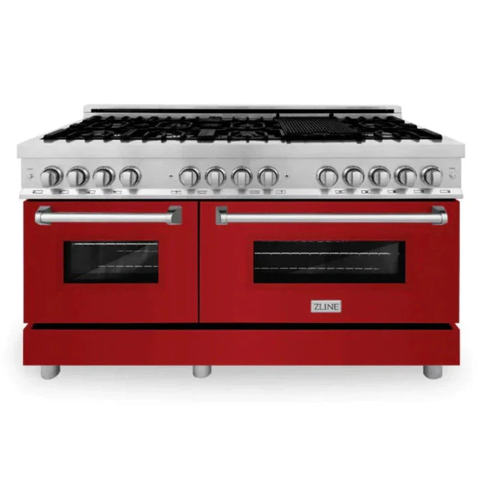 ZLINE 60 In. Professional Dual Fuel Range in DuraSnow®Stainless Steel with Red Gloss Door, RAS-RG-60