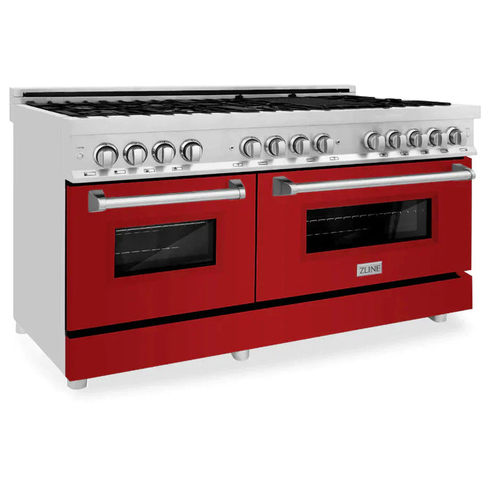 ZLINE 60 In. Professional Dual Fuel Range in DuraSnow®Stainless Steel with Red Gloss Door, RAS-RG-60