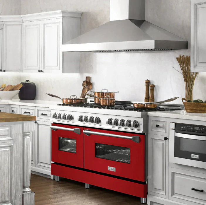 ZLINE 60 In. Professional Dual Fuel Range in DuraSnow®Stainless Steel with Red Gloss Door, RAS-RG-60