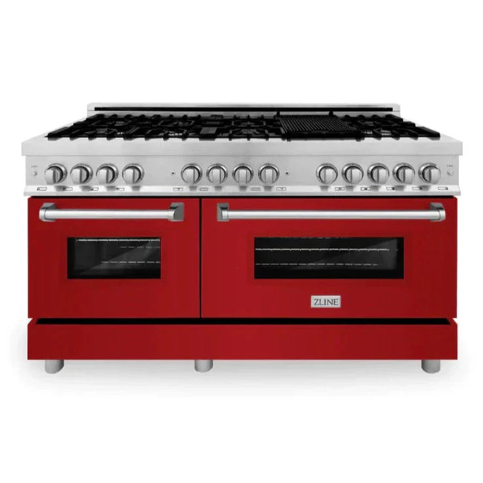 ZLINE 60 In. Professional Dual Fuel Range in DuraSnow®Stainless Steel with Red Matte Door, RAS-RM-60