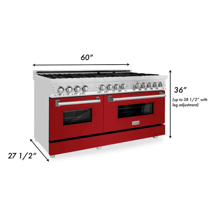 ZLINE 60 In. Professional Dual Fuel Range in DuraSnow®Stainless Steel with Red Matte Door, RAS-RM-60