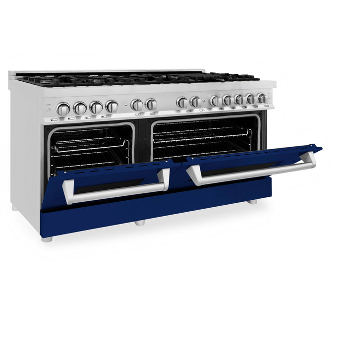 ZLINE 60 In. Professional Dual Fuel Range in Stainless Steel with Blue Gloss Door, RA-BG-60