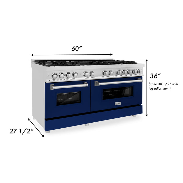 ZLINE 60 In. Professional Dual Fuel Range in Stainless Steel with Blue Gloss Door, RA-BG-60