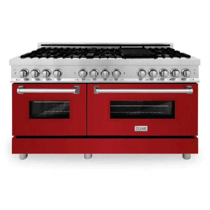 ZLINE 60 In. Professional Dual Fuel Range in Stainless Steel with Red Gloss Door, RA-RG-60