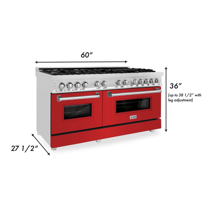 ZLINE 60 In. Professional Dual Fuel Range in Stainless Steel with Red Matte Door, RA-RM-60