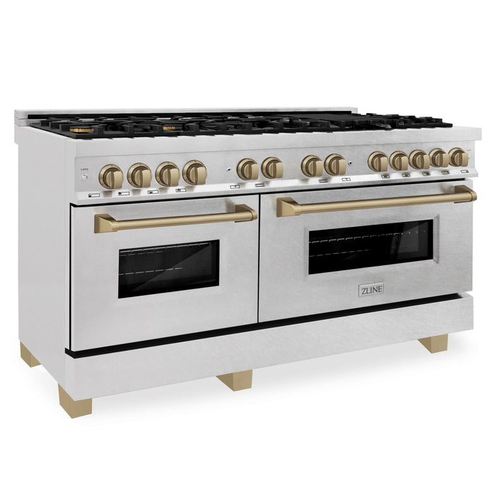 ZLINE 60 Inch Autograph Edition Dual Fuel Range in DuraSnow Stainless Steel with Champagne Bronze Accents, RASZ-SN-60-CB