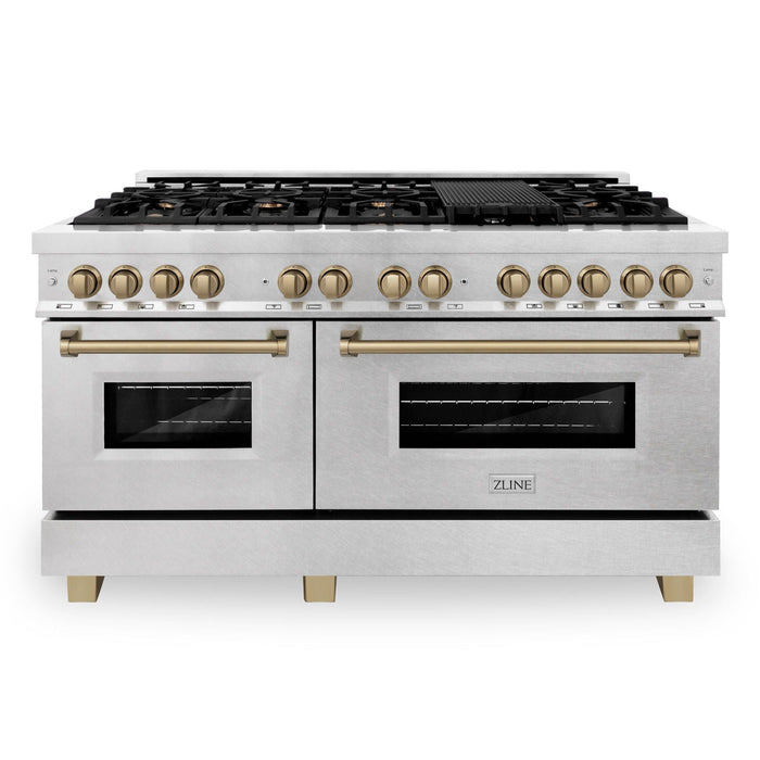 ZLINE 60 Inch Autograph Edition Dual Fuel Range in DuraSnow Stainless Steel with Champagne Bronze Accents, RASZ-SN-60-CB