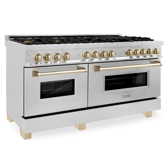 ZLINE 60 Inch Autograph Edition Dual Fuel Range in DuraSnow® Stainless Steel with Gold Accents, RASZ-SN-60-G