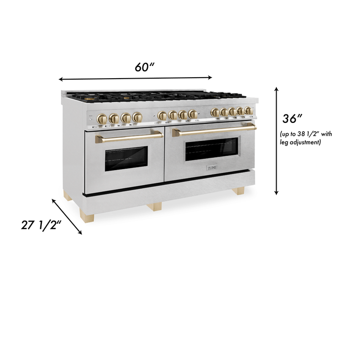 ZLINE 60 Inch Autograph Edition Dual Fuel Range in DuraSnow® Stainless Steel with Gold Accents, RASZ-SN-60-G