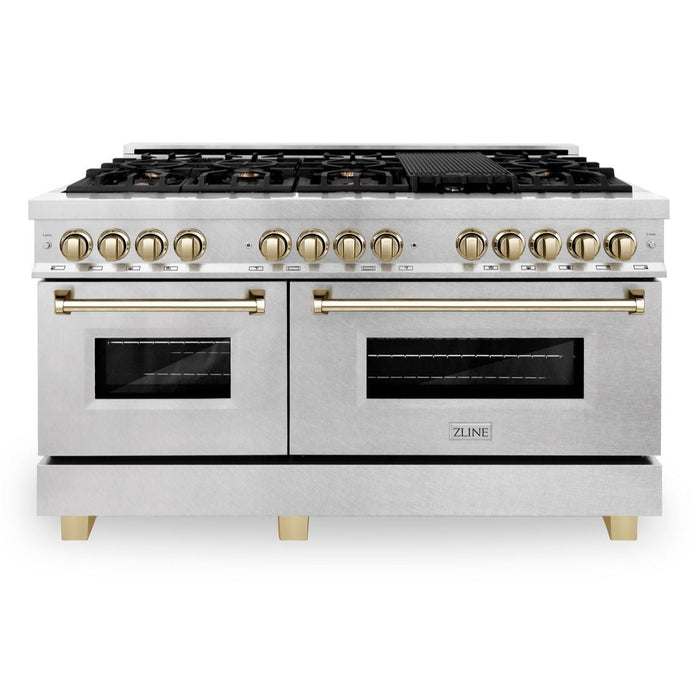 ZLINE 60 Inch Autograph Edition Dual Fuel Range in DuraSnow® Stainless Steel with Gold Accents, RASZ-SN-60-G