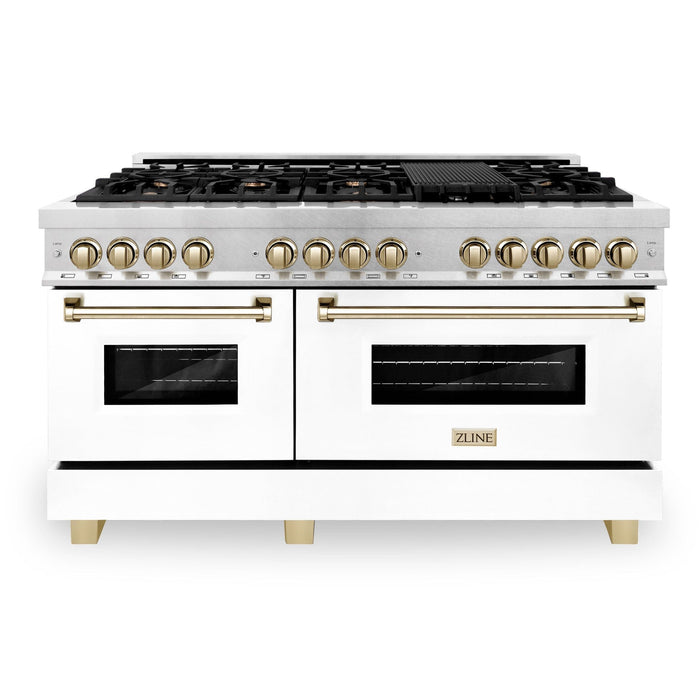 ZLINE 60 Inch Autograph Edition Dual Fuel Range in DuraSnow® Stainless Steel with White Matte Door and Gold Accents, RASZ-WM-60-G