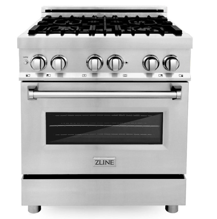 ZLINE Appliance Package - 30" Dual Fuel Range, Refrigerator with Water & Ice Dispenser, Range Hood and Dishwasher