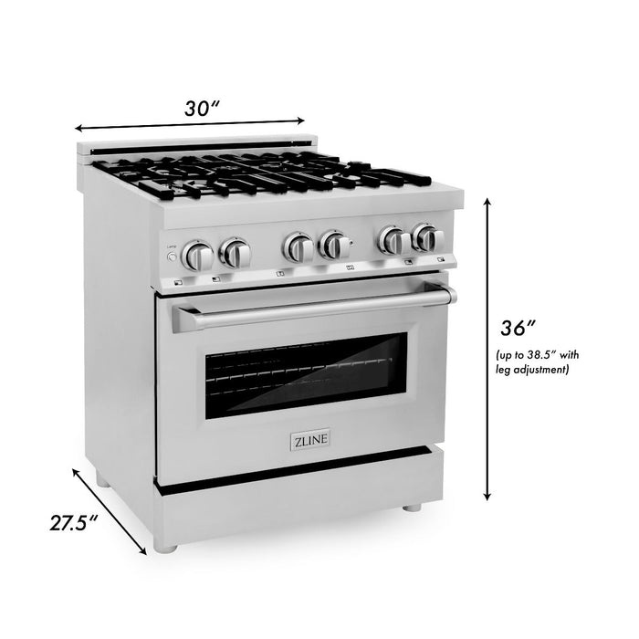 ZLINE Appliance Package - 30" Dual Fuel Range, Refrigerator with Water & Ice Dispenser, Range Hood and Dishwasher