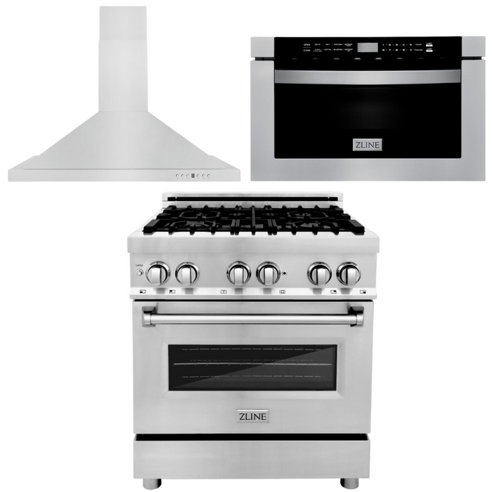 ZLINE Appliance Package - 30 in. Dual Fuel Range, 30 in. Range Hood, Microwave Drawer, 3KP-RARH30-MW