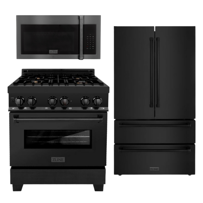 ZLINE Appliance Package - 30 in. Dual Fuel Range, Microwave, Refrigerator in Black Stainless, 3KPR-RABOTRH30