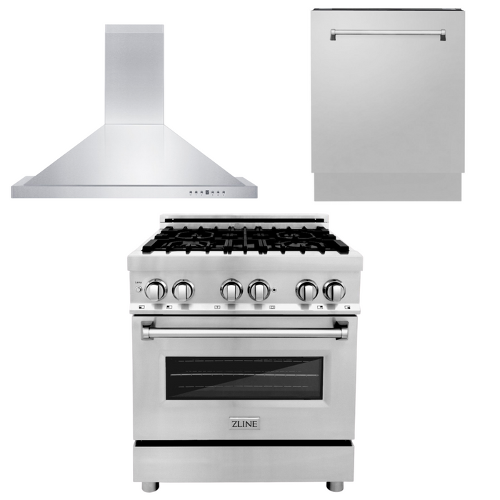 ZLINE Appliance Package - 30 in. Dual Fuel Range, Range Hood, 3 Rack Dishwasher, 3KP-RARH30-DWV