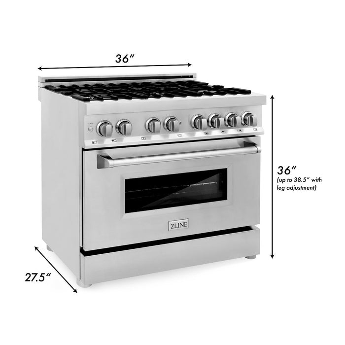 ZLINE Appliance Package - 36" Dual Fuel Range, Range Hood, Microwave, Dishwasher, Refrigerator with Water and Ice Dispenser, 5KPRW-RARH36-MWDWV