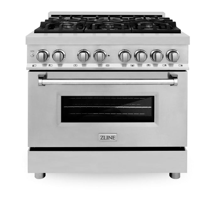 ZLINE Appliance Package - 36" Dual Fuel Range, Range Hood, Microwave Drawer, Dishwasher and Beverage Fridge, 5KP-RARH36-MWDWV-RBV