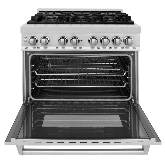 ZLINE Appliance Package - 36" Dual Fuel Range, Range Hood, Microwave Drawer, Top Touch Control Dishwasher, Refrigerator, 5KPR-RARH36-MWDWM