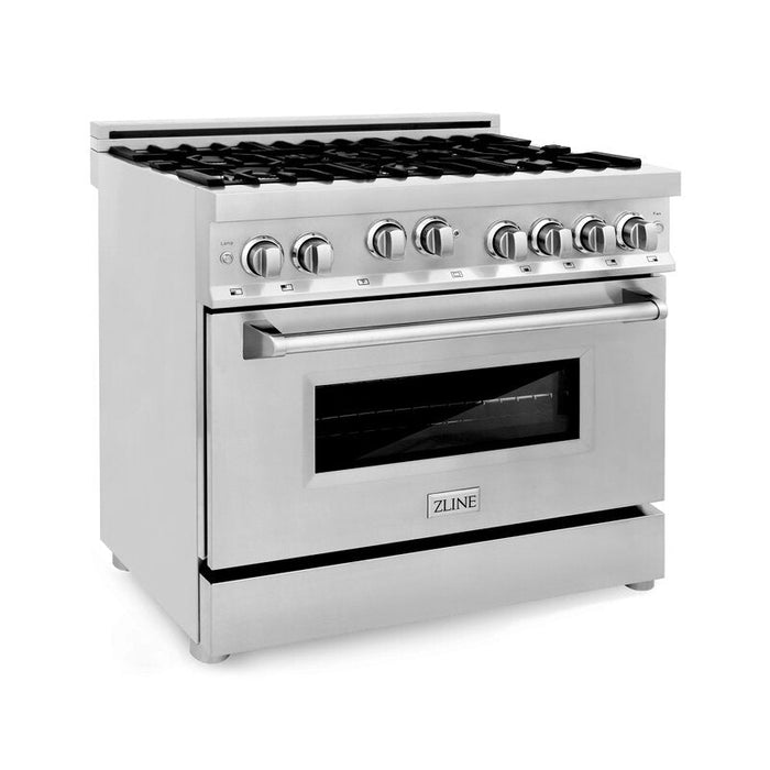 ZLINE Appliance Package - 36 In. Gas Range, Range Hood, Microwave Oven in Stainless Steel, 3KP-RGRHMWO-36