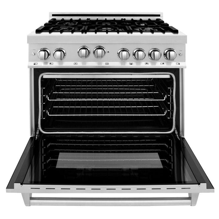 ZLINE Appliance Package - 36 In. Gas Range, Range Hood, Microwave Oven in Stainless Steel, 3KP-RGRHMWO-36