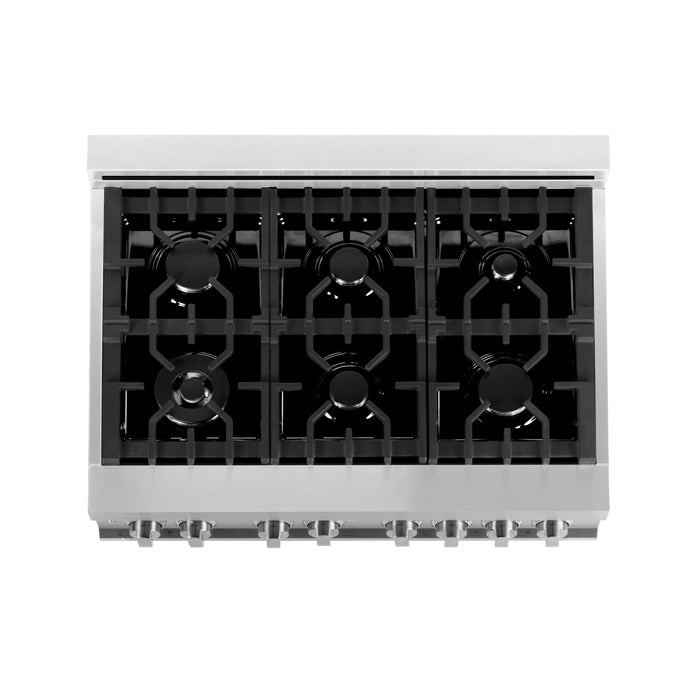 ZLINE Appliance Package - 36 In. Gas Range, Range Hood, Microwave Oven in Stainless Steel, 3KP-RGRHMWO-36