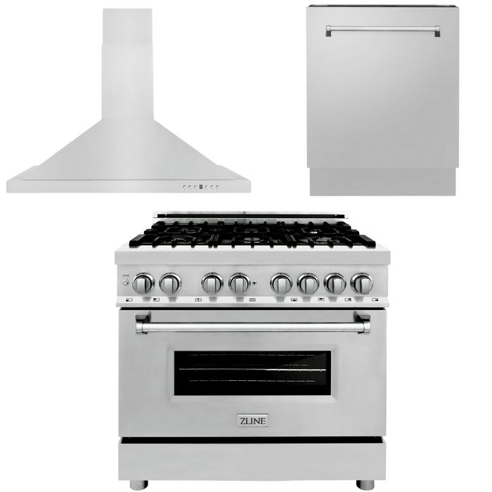 ZLINE Appliance Package - 36 in. Dual Fuel Range, Range Hood, 3 Rack Dishwasher, 3KP-RARH36-DWV