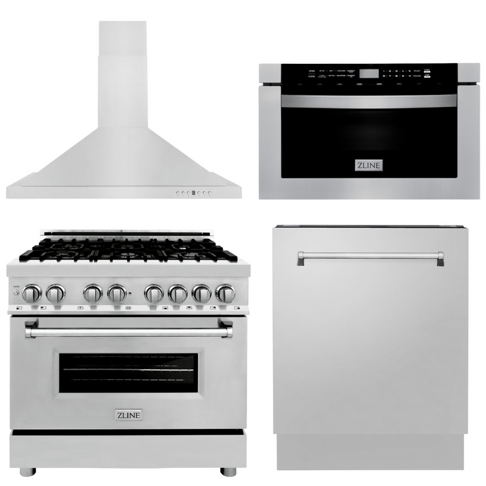 ZLINE Appliance Package - 36 in. Dual Fuel Range, Range Hood, Microwave Drawer, 3 Rack Dishwasher, 4KP-RARH36-MWDWV