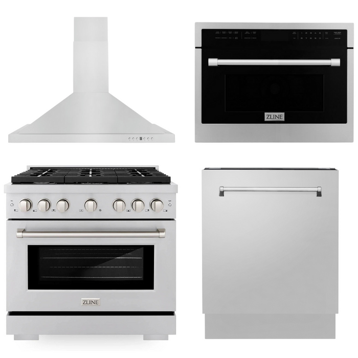 ZLINE Appliance Package - 36 in. Gas Range, Range Hood, Microwave Oven, 3 Rack Dishwasher, 4KP-RGRH36-MODWV