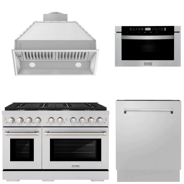 ZLINE Appliance Package - 48" Gas Range, Range Hood Insert, Microwave Drawer and Dishwasher, 4KP-SGRRHI48-MWDWV