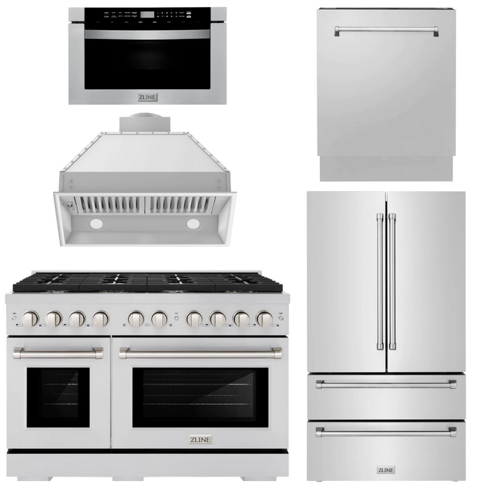 ZLINE Appliance Package - 48" Gas Range, Range Hood Insert, Refrigerator with Ice Maker, Dishwasher and Microwave Drawer, 5KPR-SGRRHI48-MWDWV