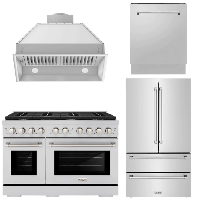 ZLINE Appliance Package - 48" Gas Range, Range Hood Insert, Refrigerator with Ice Maker and Dishwasher, 4KPR-SGRRHI48-DWV