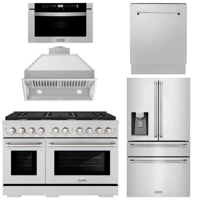 ZLINE Appliance Package - 48" Gas Range, Range Hood Insert, Refrigerator with Water and Ice Dispenser, Dishwasher and Microwave Drawer, 5KPRW-SGRRHI48-MWDWV