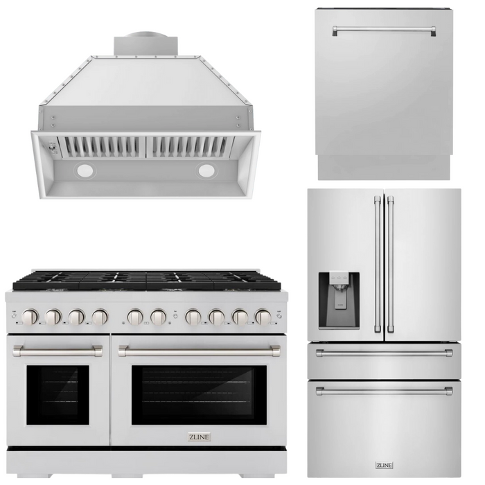 ZLINE Appliance Package - 48" Gas Range, Range Hood Insert, Refrigerator with Water and Ice Dispenser and Dishwasher, 4KPRW-SGRRHI48-DWV