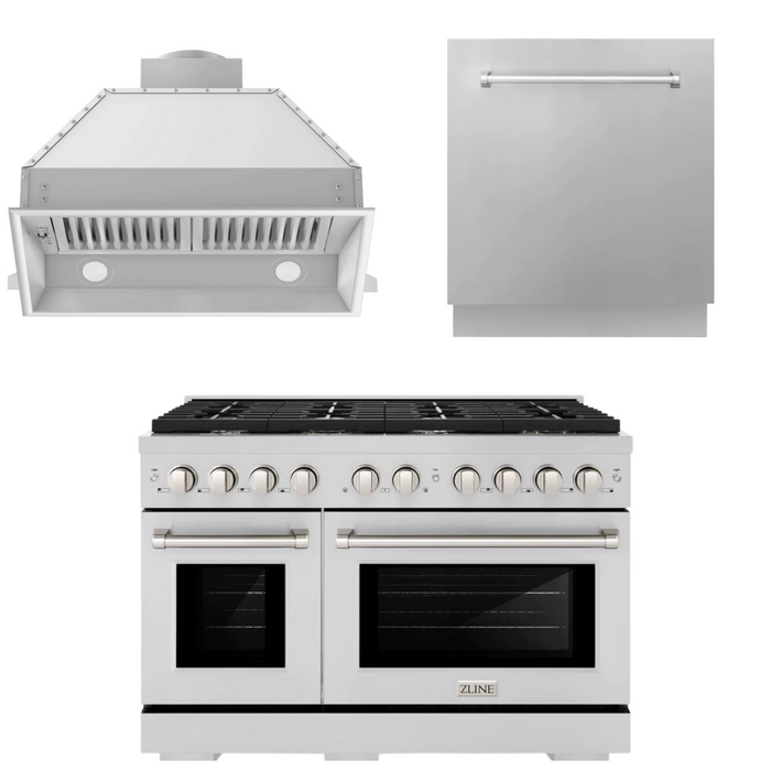 ZLINE Appliance Package - 48" Gas Range, Range Hood Insert and Dishwasher, 3KP-SGRRHI48-DW