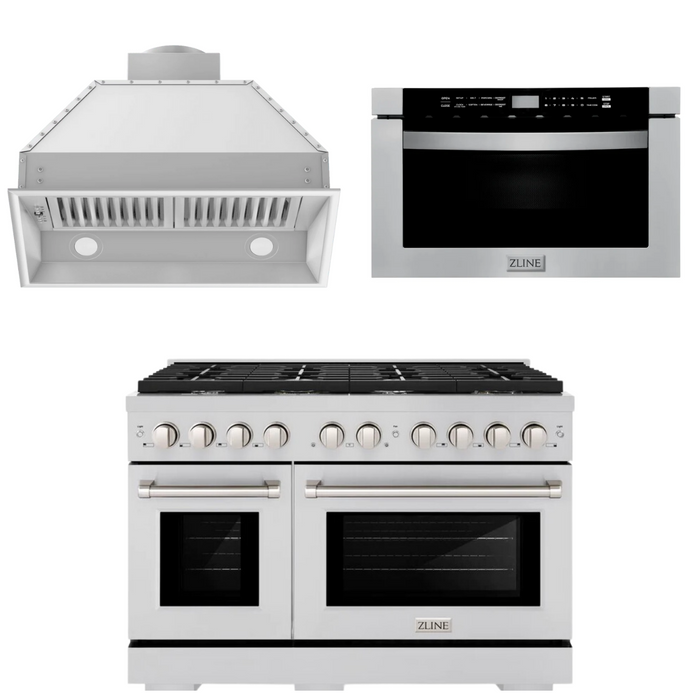 ZLINE Appliance Package - 48" Gas Range, Range Hood Insert and Microwave Drawer, 3KP-SGRRHI48-MW