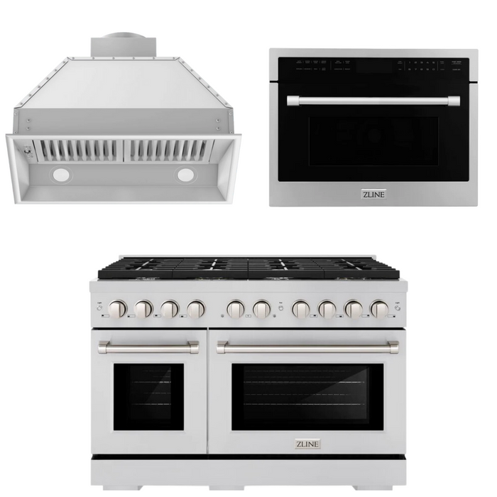 ZLINE Appliance Package - 48" Gas Range, Range Hood Insert and Microwave Oven, 3KP-SGRRHIMWO-48