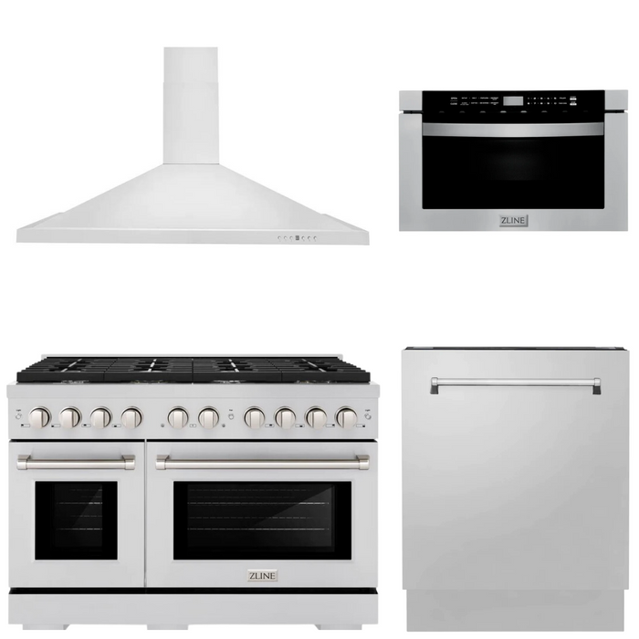 ZLINE Appliance Package - 48" Gas Range, Range Hood, Microwave Drawer and Dishwasher, 4KP-SGRRH48-MWDWV