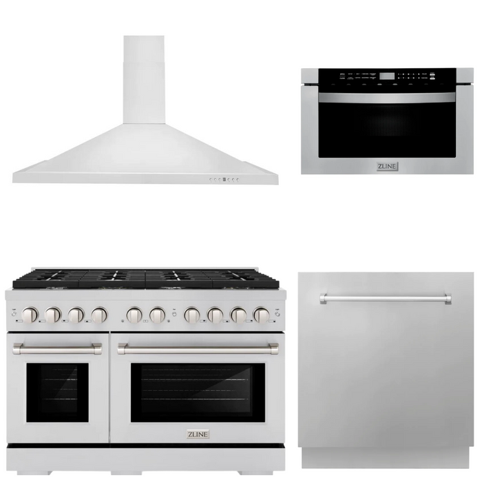 ZLINE Appliance Package - 48" Gas Range, Range Hood, Microwave Drawer and Dishwasher, 4KP-SGRRH48-MWDW