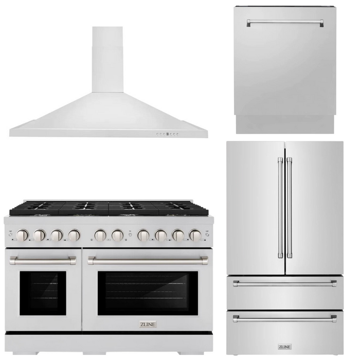 ZLINE Appliance Package - 48" Gas Range, Range Hood, Refrigerator with Ice Maker and Dishwasher, 4KPR-SGRRH48-DWV